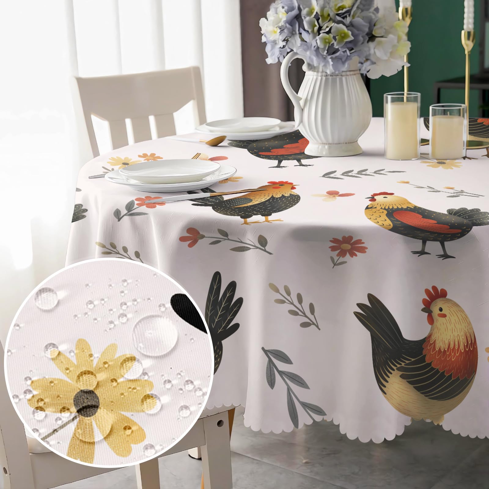 Round Tablecloth 150cm Wipeable, Waterproof Chicken Polyester Fall Tablecloths, Thanksgiving Table Cloth Wrinkle Resistant Table Cover for Home Dinner Kitchen Party Picnic Outdoor