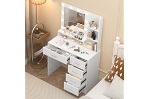 Guriches Small Vanity Desk, Makeup Vanity Table with Bulbs Lights and Mirror,Dressing Table with 3 Adjustable Light Modes,5 D