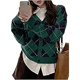 SOLY HUX Women's Argyle Cardigan Sweater Plaid V Neck Button Down Long Sleeve Casual Cardigans