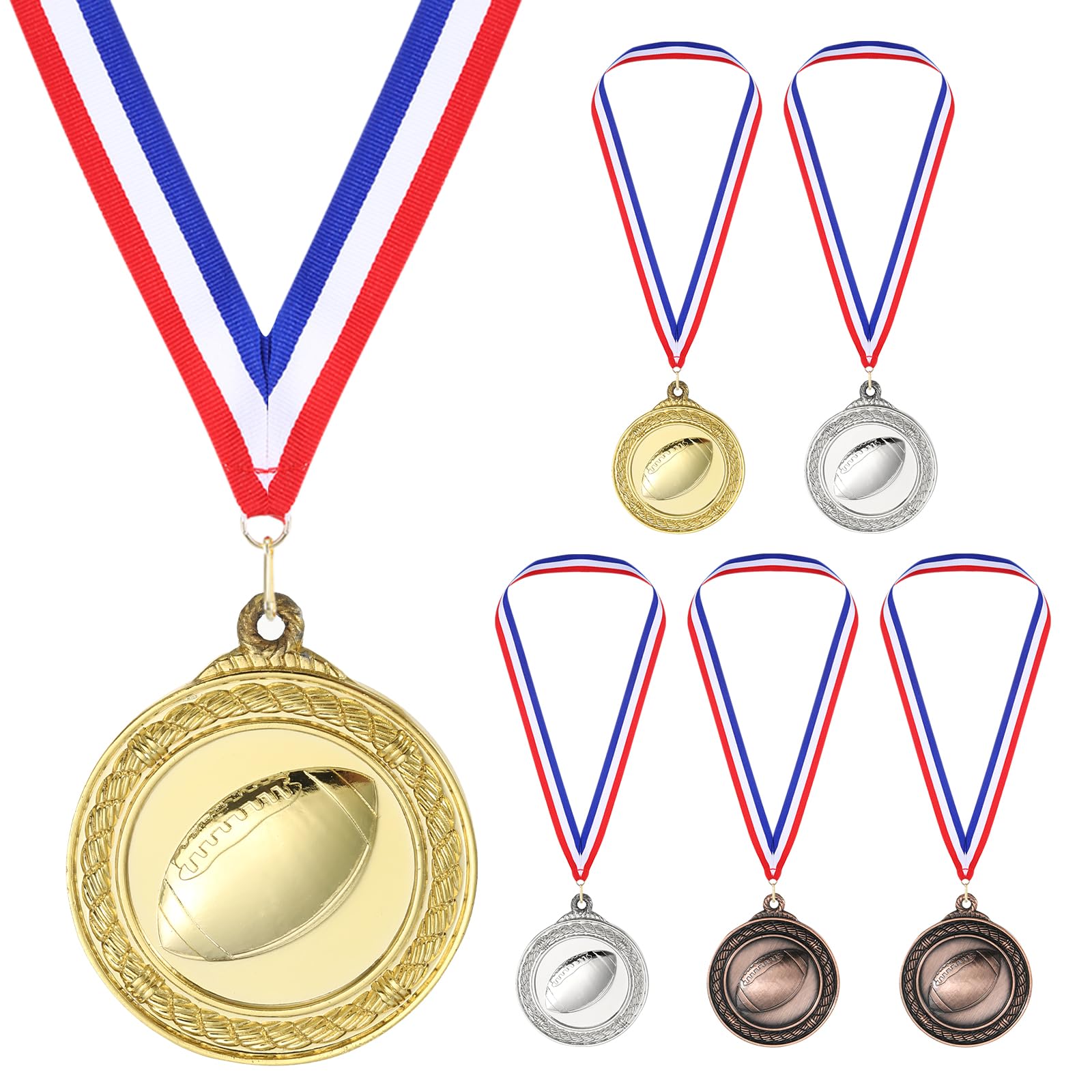 PATIKIL 2" Gold Silver Copper Rugby Medals, 6 Pack Rugby Award Medals with Ribbon Red White for Games Sports Competitions