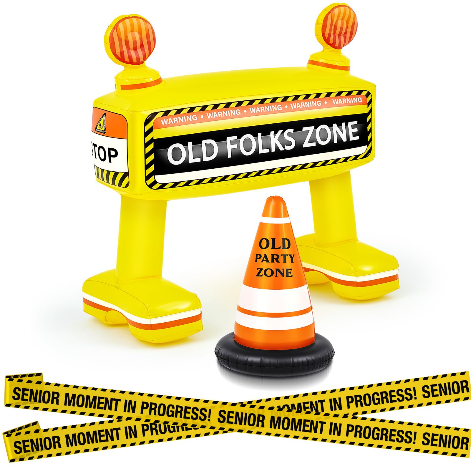 Photo 1 of Liliful 3 Pcs Over The Hill Birthday Decoration Funny Party Supplies for 40th 50th 60th Old Men Inflatable Age Barricade Kit Halloween Caution Tape 33'' Barricade 16.5'' Safety Cone 65.6ft Party Tape