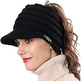 Women's BeanieTail Warm Knit Hat Messy High Bun Ponytail Visor Beanie Cap