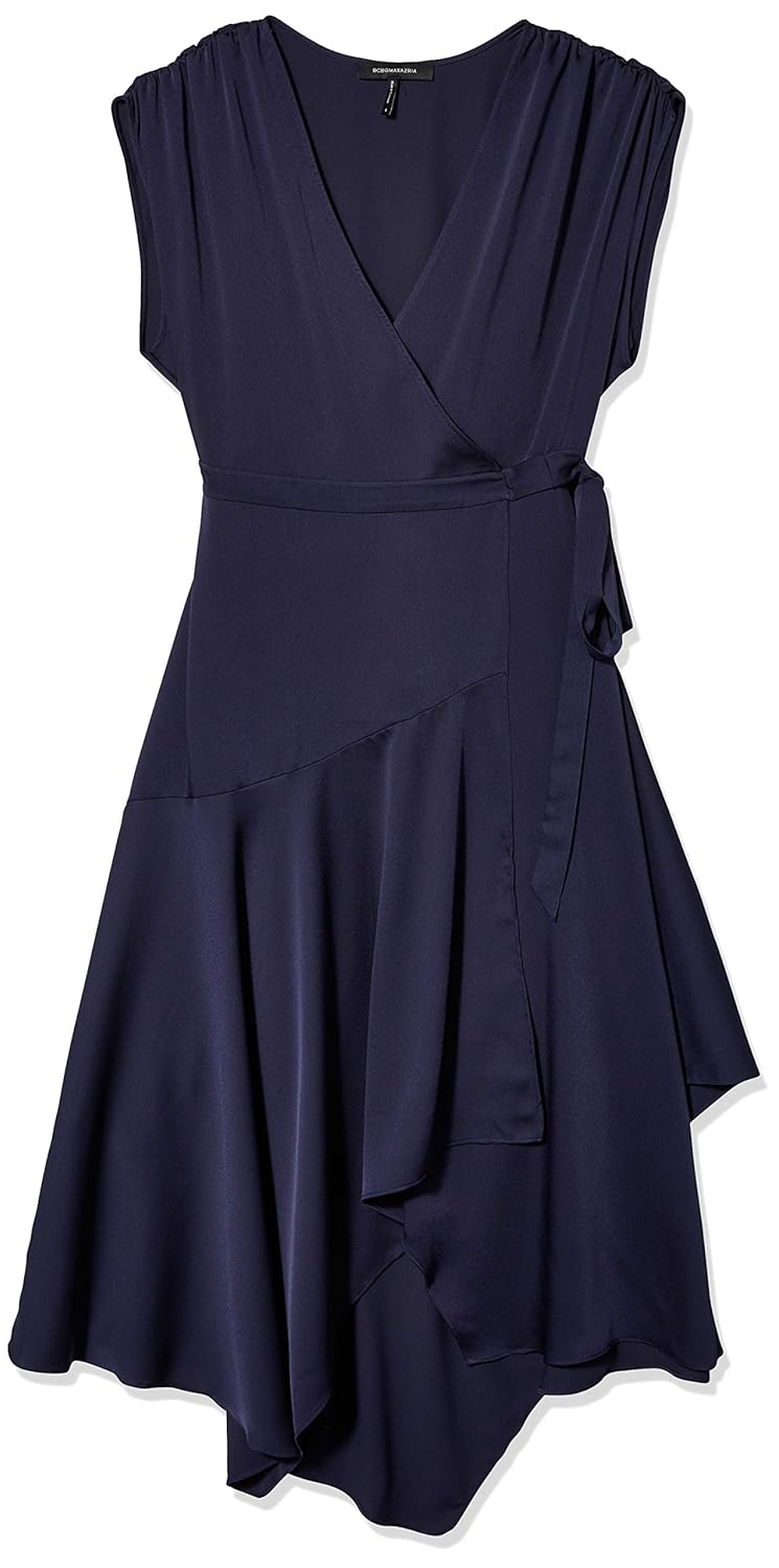 bcbg asymmetrical satin wrap dress
