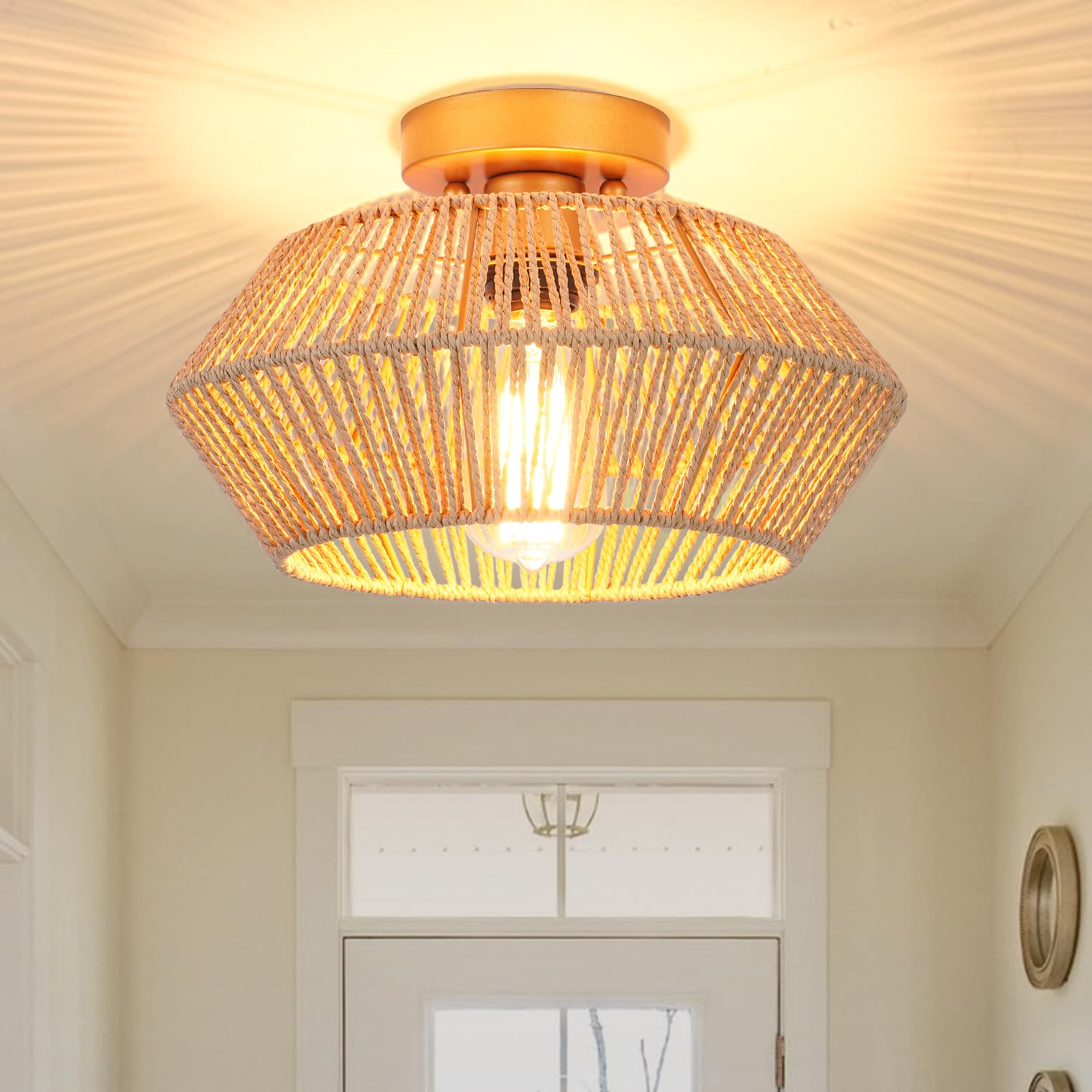 Photo 1 of VILUXY Rattan Ceiling Light Fixture Boho Ceiling Flush Mount Ceiling Lamp Hand-Made Woven Mini Chandelier Gold Brass Brush Paint Finish for Entryway Hallway Kitchen Bedroom