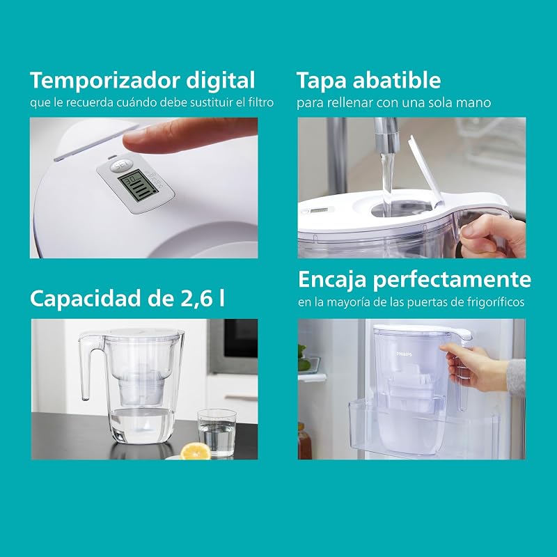 Water Filtro de jarra + 12 cartuchos de filtro de repuesto, Filtración Avanzada, flujo rápido, temporizador electrónico, filtra CLORO, CAL, metales pesados y MICROPLÁSTICOS, capacidad 2,6 L — foto 5 de 7
