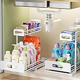 Delamu 2 Pack Metal Bathroom Organizers and Storage, 2 Tier Pull Out Under Sink Organizer for Kitchen Bathroom, Adjustable Under Sink Shelf for Multipurpose Cabinet Organizer, White