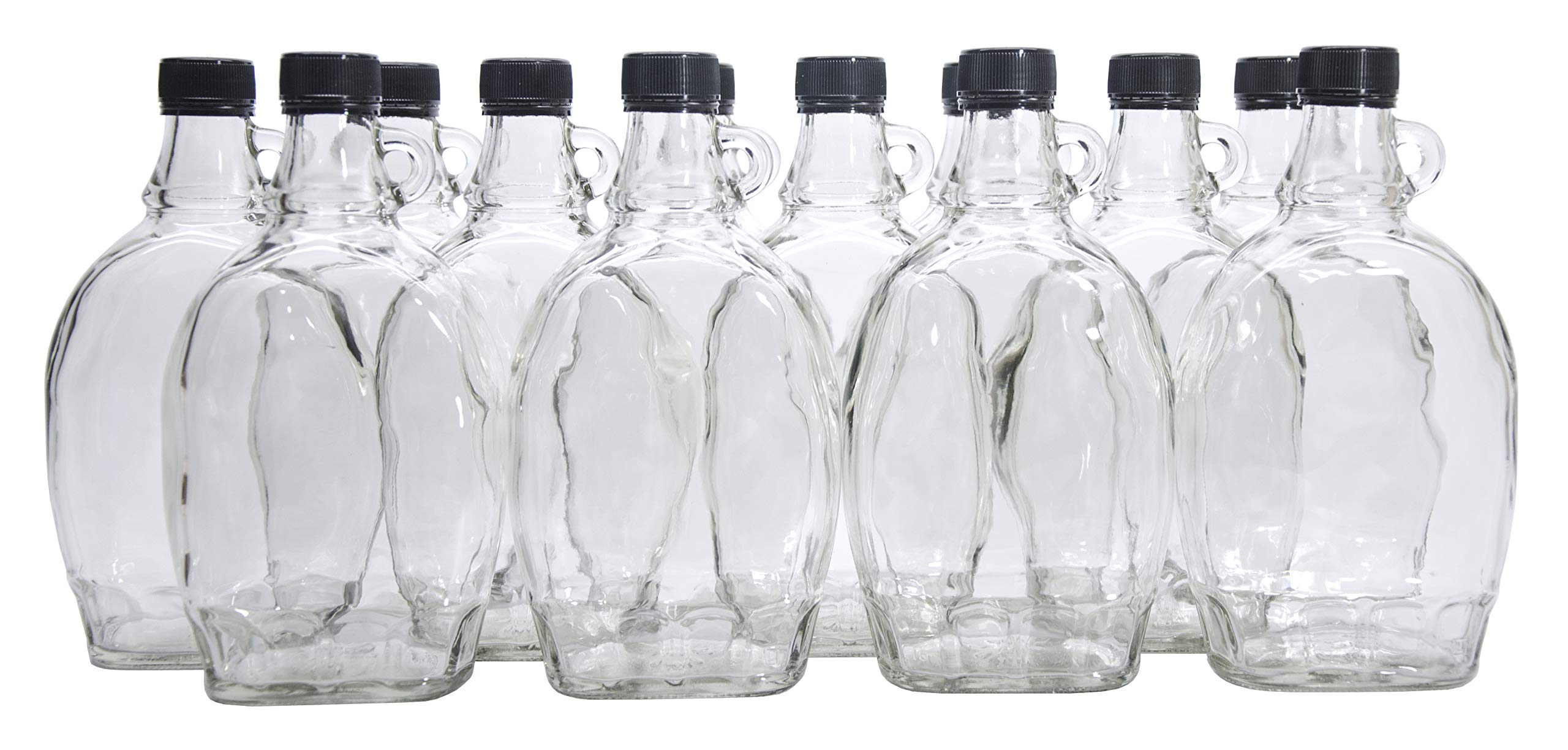 North Mountain Supply 16.9 Ounce (500ml) Glass Maple Syrup Bottles with Loop Handle & Black Plastic Tamper Evident Lids - Case of 12