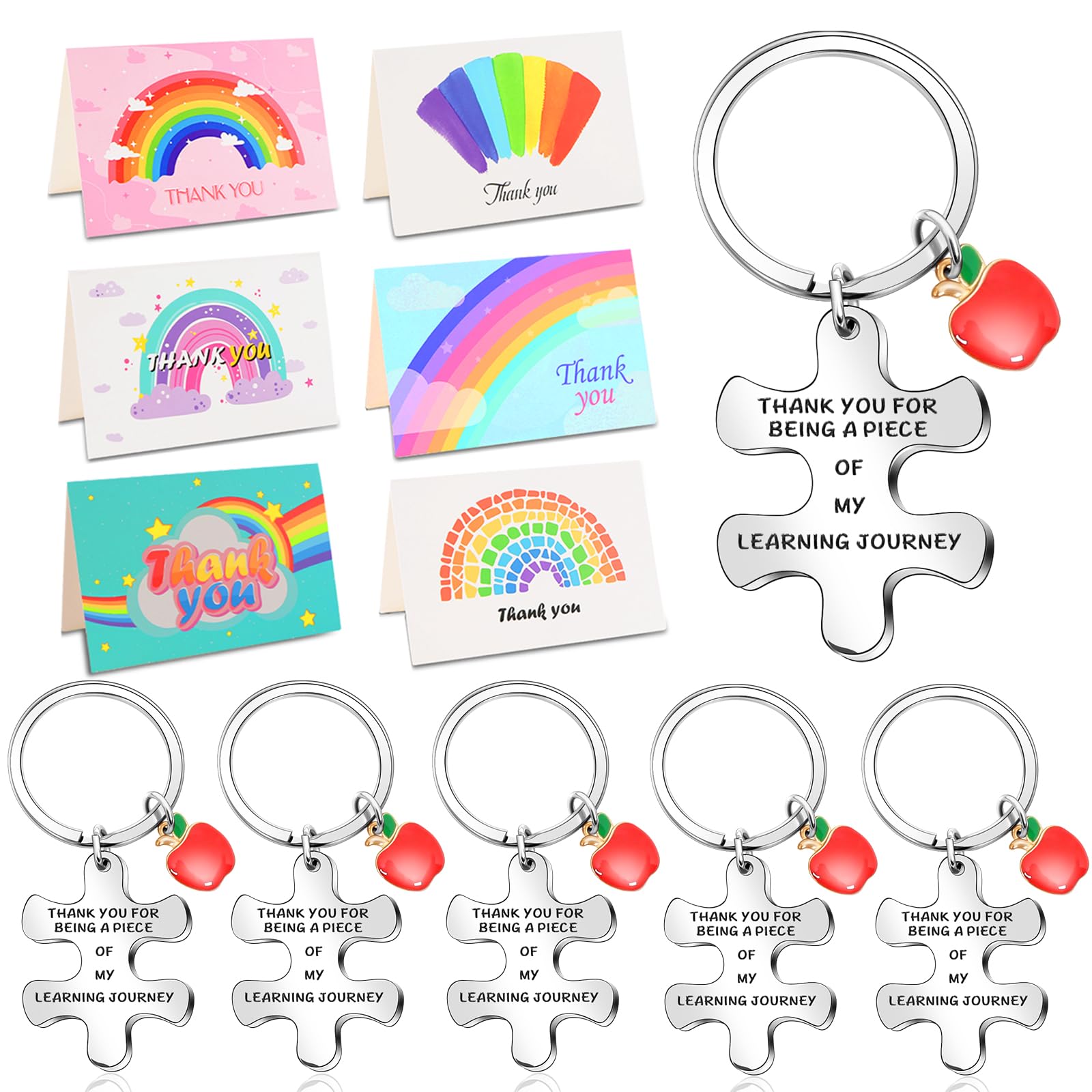 Johiux 6 Sets Thank You Teacher Gifts Teacher Keyring with Rainbow Thank You Card,Personalised Keyring Best Teacher Gifts Female Teachers Male Teachers Primary School Nursery Teacher Thank You Gifts.