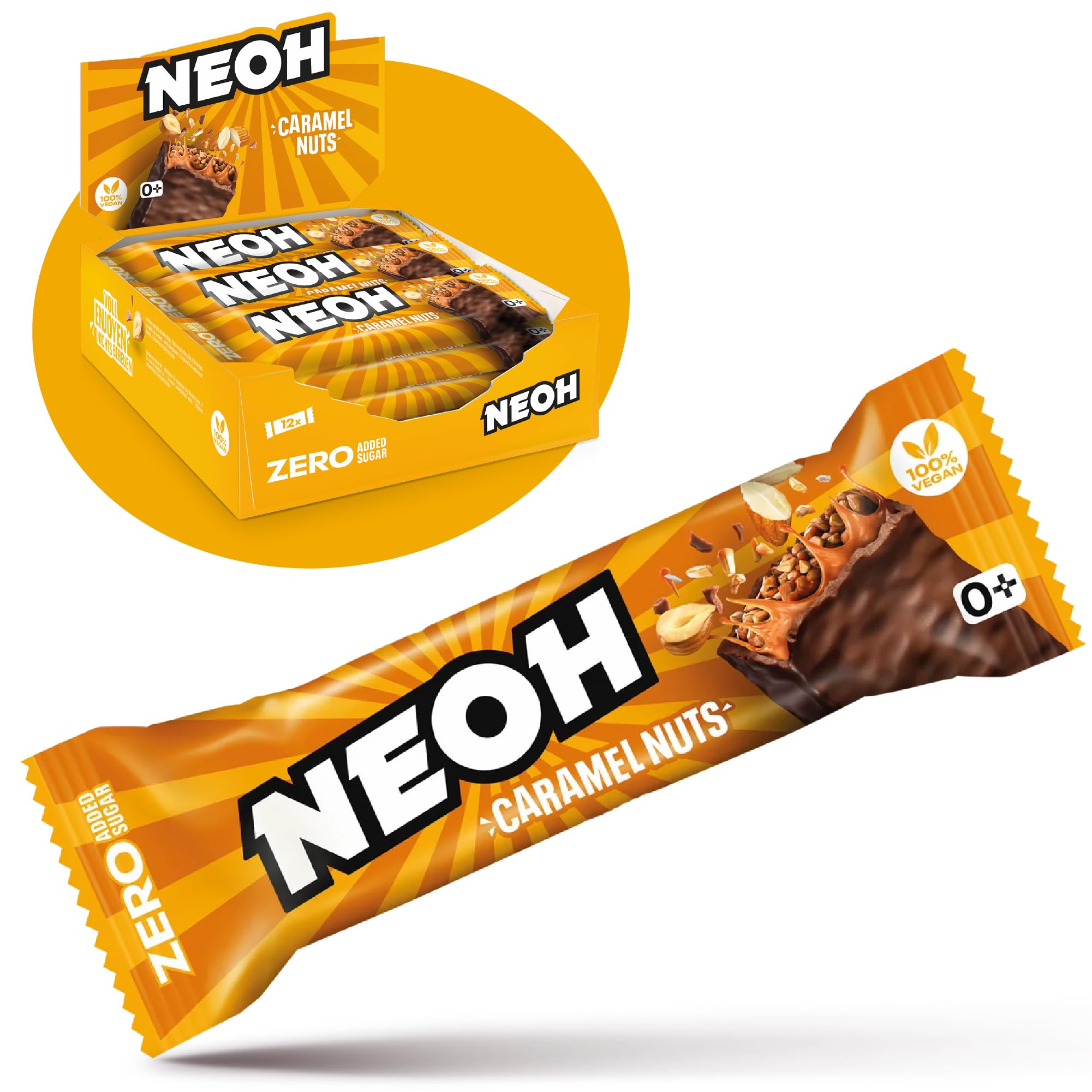 NEOH Low-Carb, veganer Karamell-Erdnussriegel – Ohne zugesetzten Zucker, Voll nussiger Erdnüsse und verführerisch gutem Karamell, 12x28g Packung