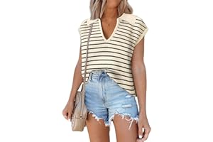 Famulily Womens Cap Sleeve Polo Collar V Neck Sweater Vest Casual Striped Print Rib Knit Sweater Tops
