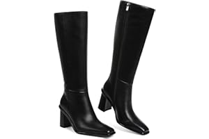 Grakihily Knee High Boots Women Wide Calf Boots for Women Tall Boot Leather Long Square Toe Chunky Heel with Side Zipper
