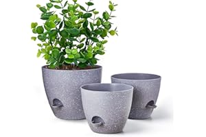 Gardrium Self Watering Planters 12/10/9 inch Plant Flower Pots Set of 3 Plastic with Drainage Hole for Indoor Outdoor Garden, Speckled Grey