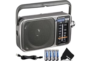 HEROFIBER Panasonic Portable Radio AM/FM Battery Powered Electric with LED Tuning Indicator | 5 Core Radio, Best Sound and Reception, Small Size, Plug Option | Includes 4 AA Batteries and Cleaning Cloth