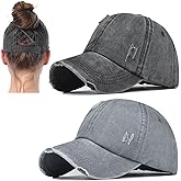 2 Packs Distressed Ponytail Hat for Women Criss Cross Hat Baseball Cap Pony Tail Caps High Bun