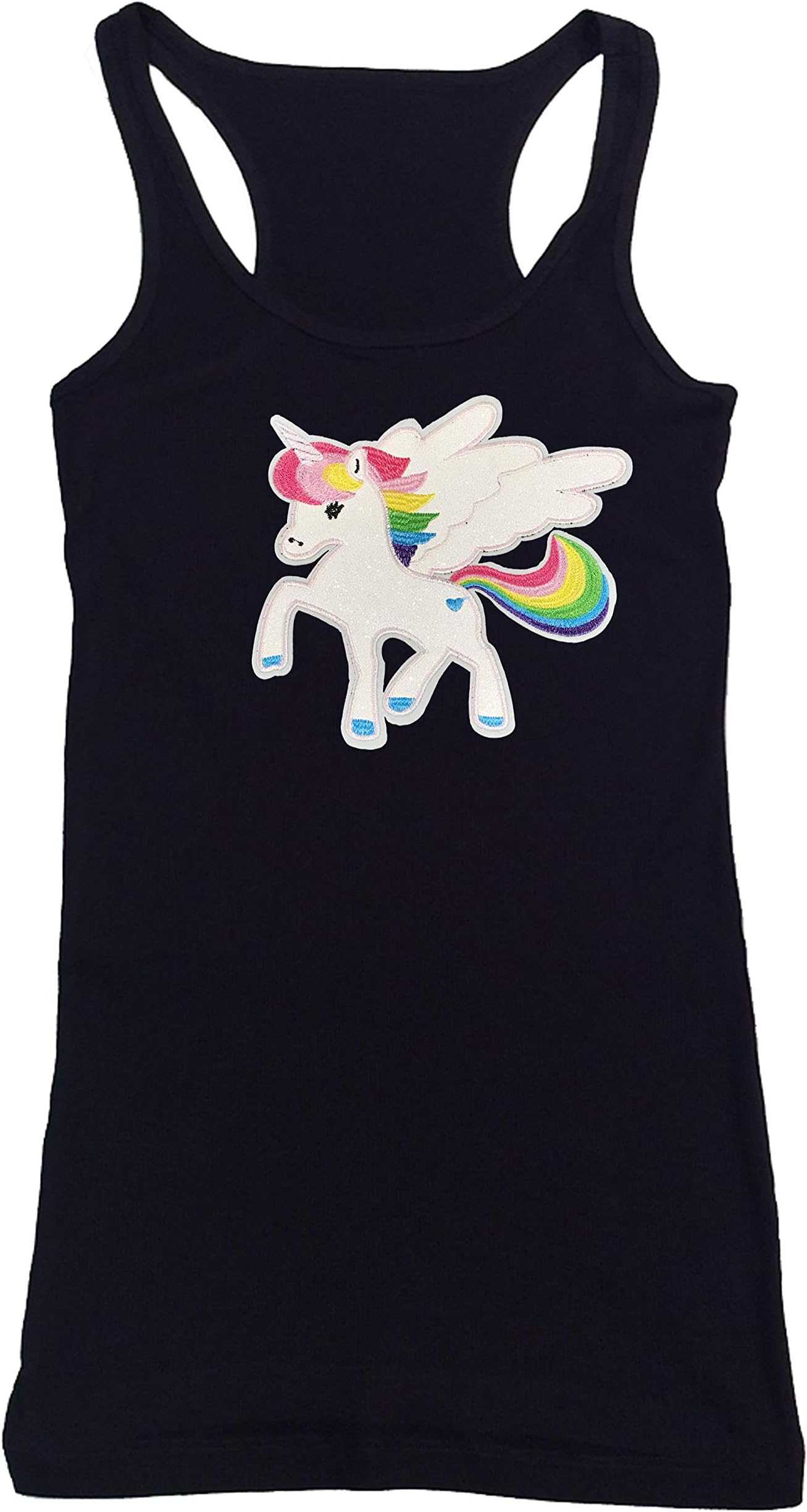 Women's T-Shirt with Baby Unicorn with Wings and Rainbow Tail in Glitter