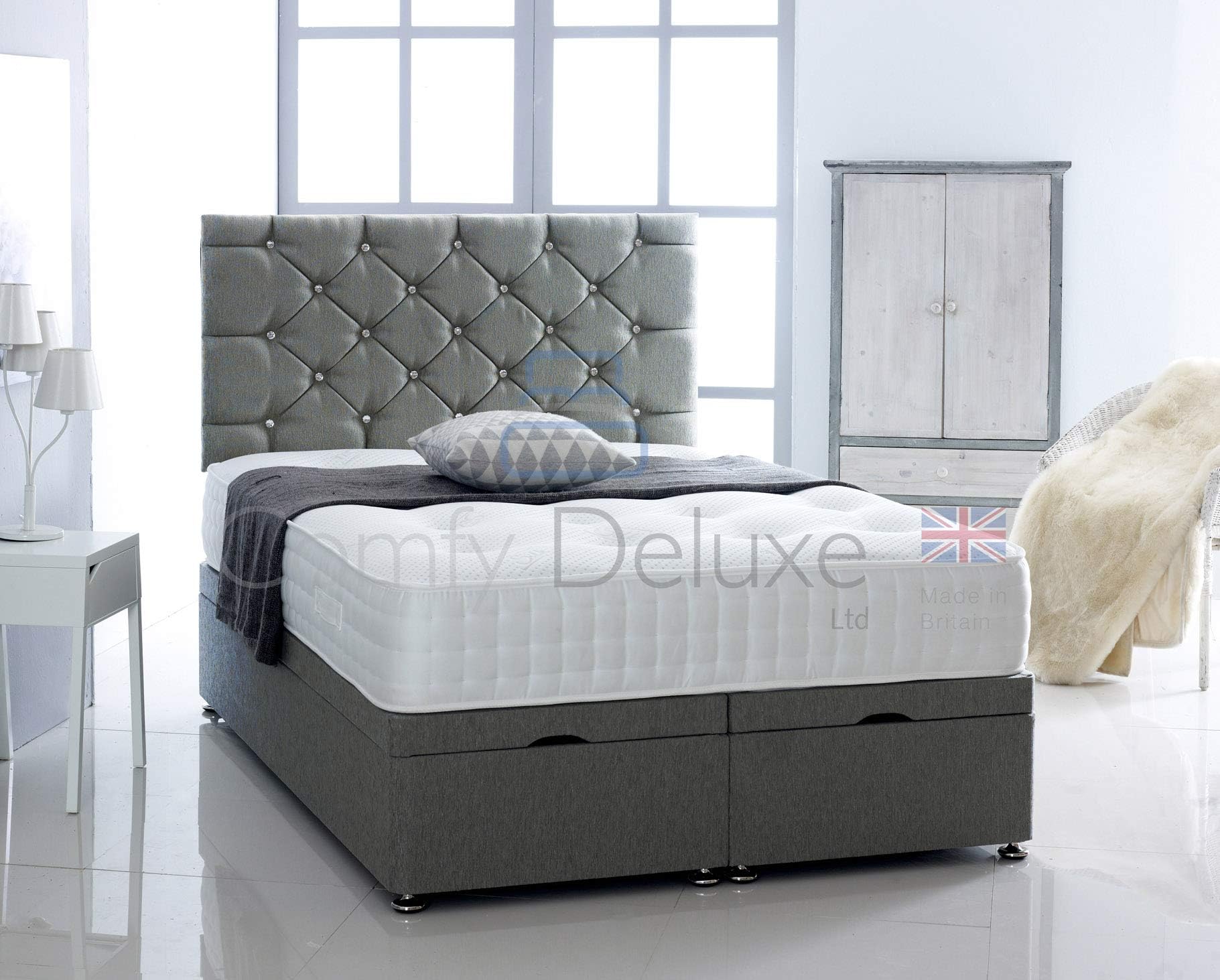 Chenille Fabric Ottoman Side Lift Bed Base with HEADBOARD ONLY by Comfy Deluxe LTD (Grey, 4FT6 Double)