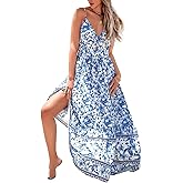 CUPSHE Summer Dress for Women V Neck Sleeveless Floral Cutout Smocked Ruffled Maxi Formal Beach Dress