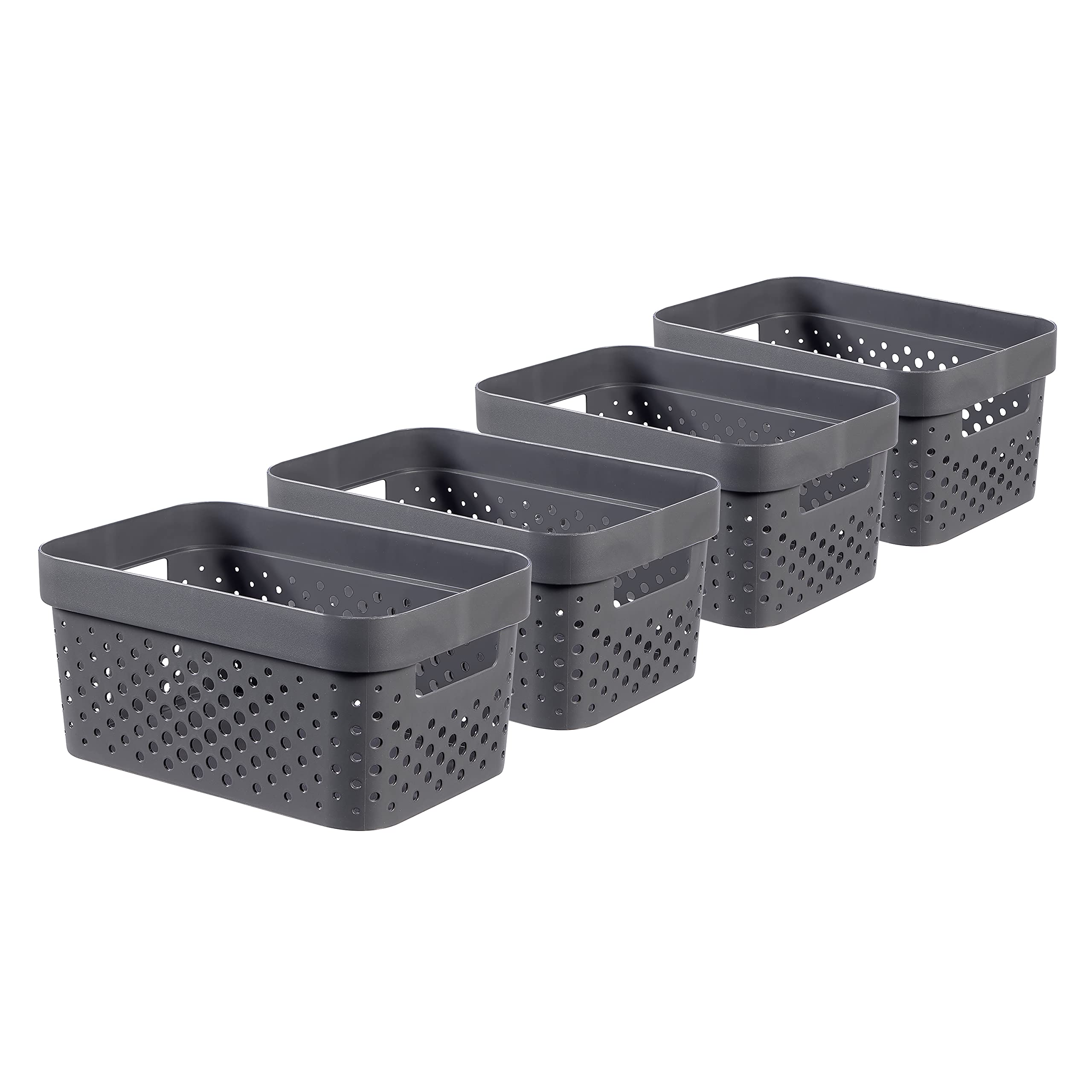 CURVER Infinity Dots Set of 4 Rectangular Storage Boxes, 100% Recycled Resin, Nestable & Multifunctional, 4.5 litres, Grey