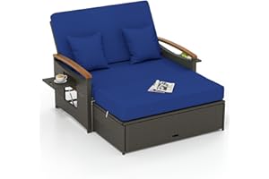 Tangkula Patio Rattan Daybed with 4-Level Adjustable Backrest, Outdoor Wicker Loveseat with Acacia Wood Armrest, Storage Ottoman & Folding Tray, Double Sunbed for Balcony, Backyard & Poolside (Navy)