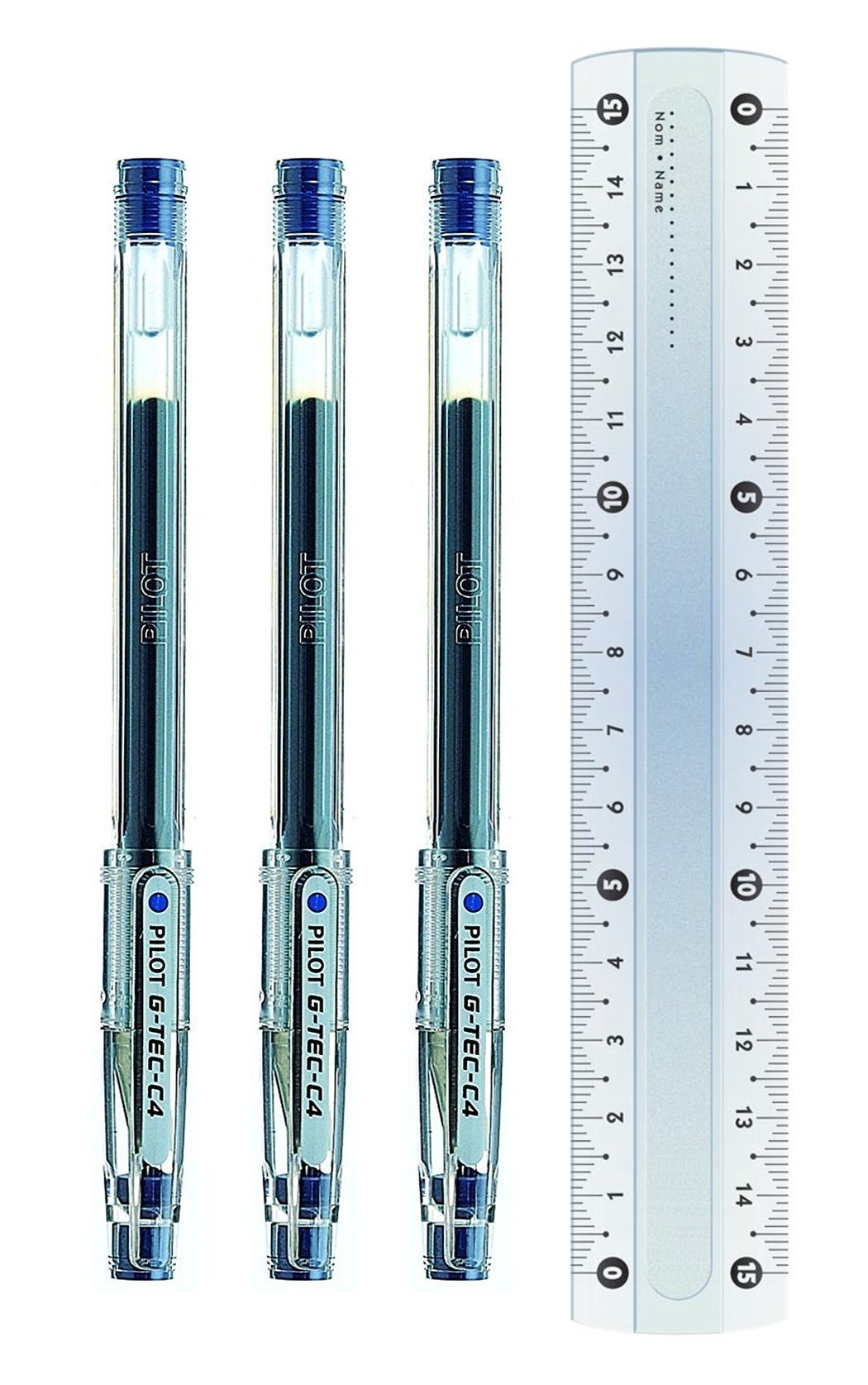 Pilot G-Tec C4 Rollerball Pen Gel Micro 0.4 mm Tip Fineliner Blue (Pack of 3 + Free Ruler)