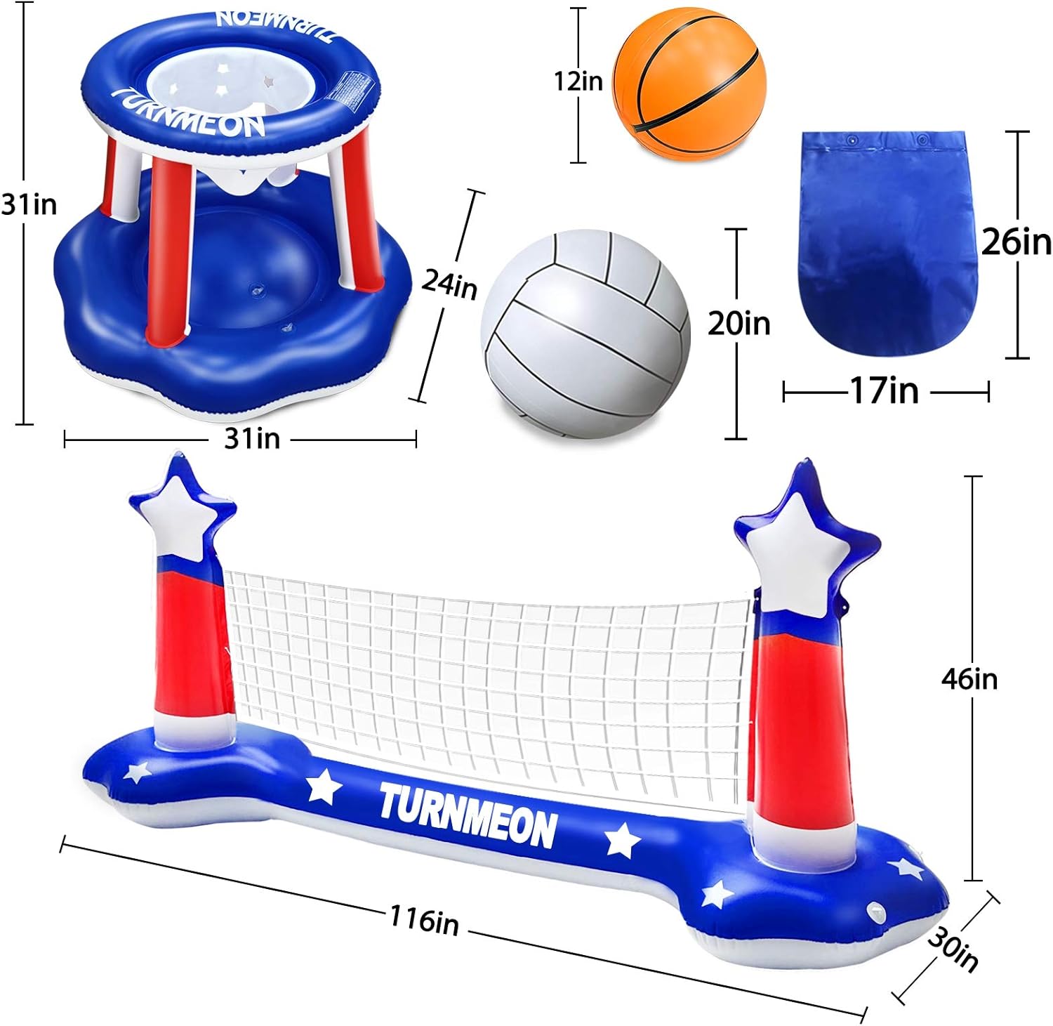 Large Inflatable Pool Games Volleyball Net & Basketball Hoop Set with 2 Balls Swimming Pool Toys for Adults Kids Pool Floating Water Pool Toys Party Volleyball Net (116”x46”x30”) Hoop (31”x31”x24”): Toys & Games