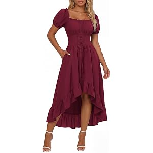 Scarlet Darkness Renaissance Costume Women High Low Summer Corset Dress | For Halloween, Ren Faire, Pirate Party. Pockets, Pu