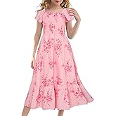 GRACE KARIN Girls Flutter Sleeve Floral Dresses Girl Long Midi Spring Dress Kids Smocked Flare Summer Dress 6-16Y
