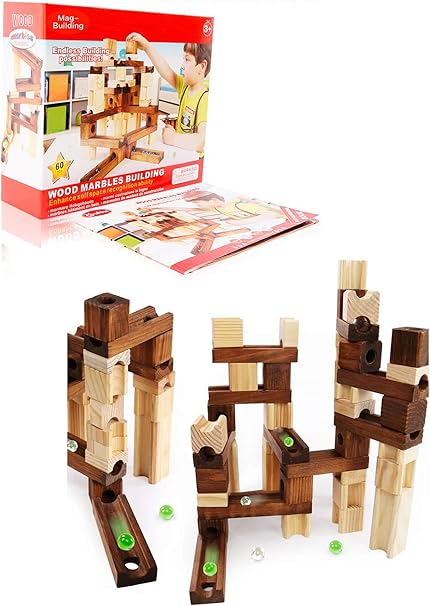 Amazon Mag Building 積み木 おもちゃ ビ 玉 転がし ピタゴラスイッチ 玉転がし 知育玩具 木製 立体パズル 誕生日 入学 入園 プレゼント 60pcs 積み木 おもちゃ