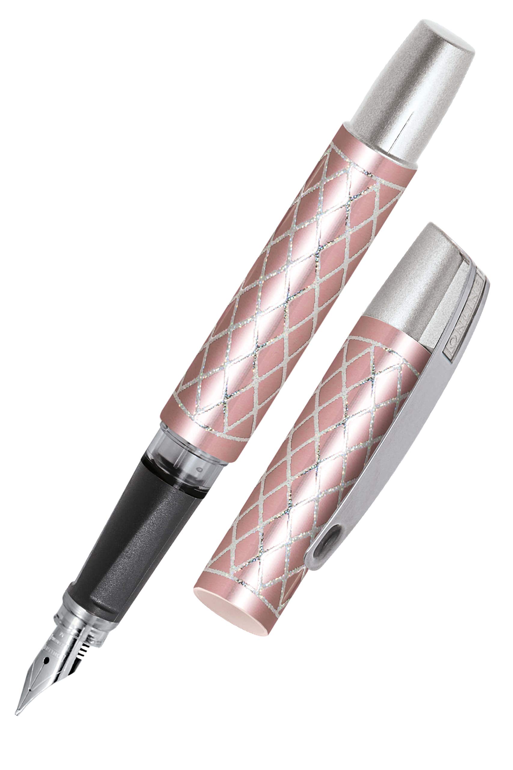 Online Ergonomic Fountain Pen for School/College - ONLINE Campus Diamond Rose - Solid Medium Nib, Soft Grip Part, for Standard Ink cartridges, refillable, Ideal for Beginners/Pupils/Students 61398/3D