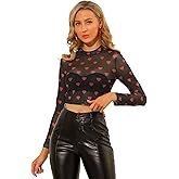 Allegra K Women's Semi-Sheer Sexy Blouse Heart Print Crop Tops Cocktail Party Mesh Top