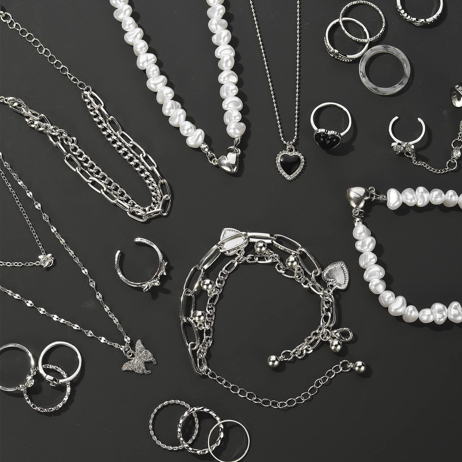 IFKM 36 PC Silver Plated Jewelry Set With 3 Necklace, 12 Bracelet, 7 Ear Cuffs Earring, 14 Knuckle Rings For Women Girls Valentine Anniversary Birthday Friendship Gift