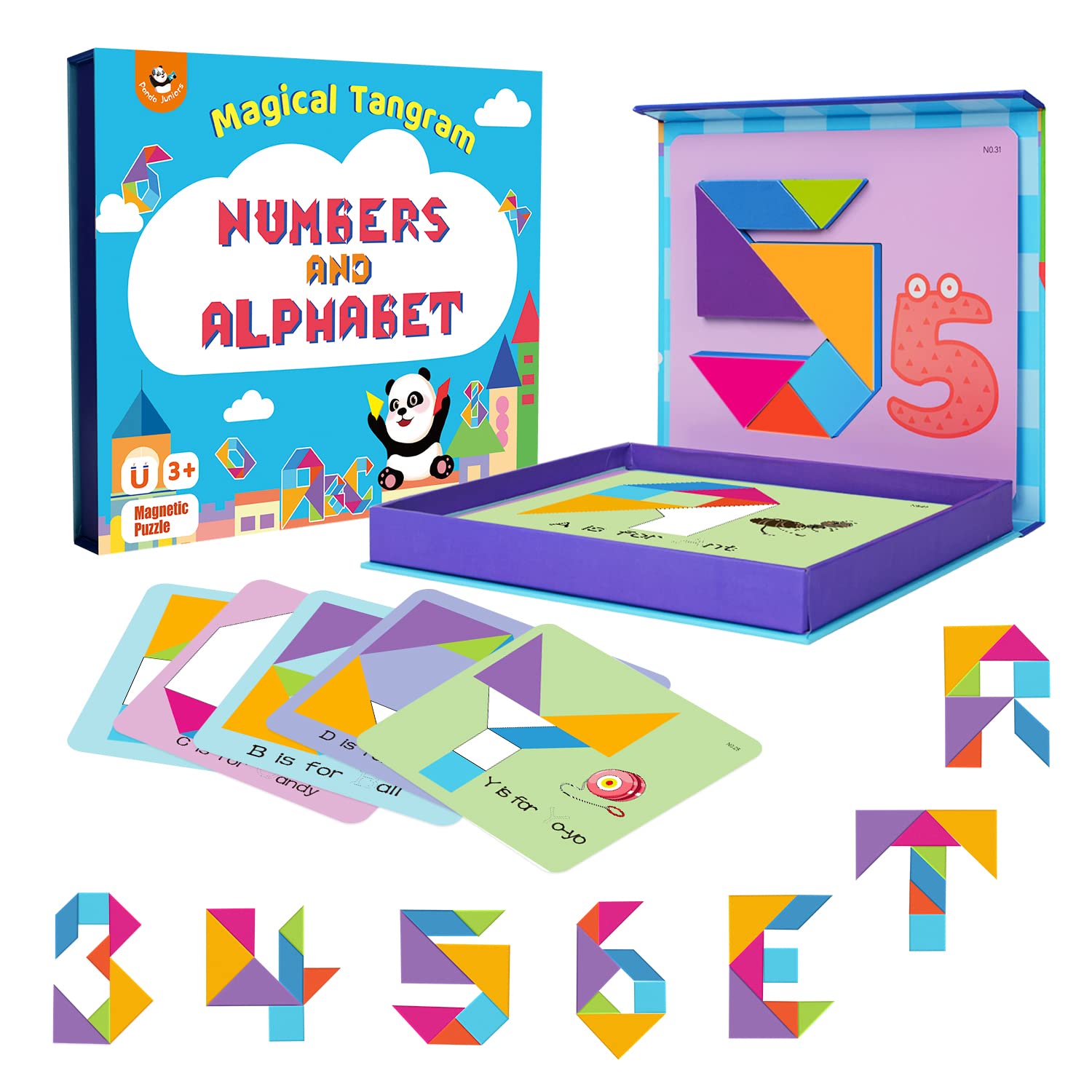 Magnetic Tangram Puzzle for Kids – Alphabet & Number Learning Game | Educational Montessori Toy for Ages 3+ | 24 Pattern Cards + 7 Magnetic Shapes + Storage Box | Preschool Travel STEM Activity