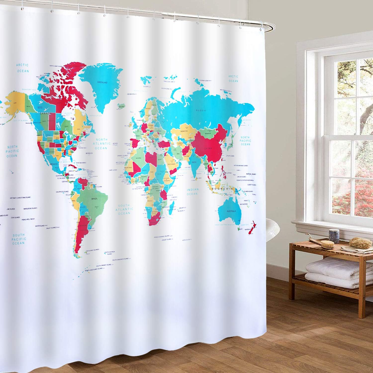 World Map Shower Curtain Waterproof Colorful Shower Curtain, 71 x 71
