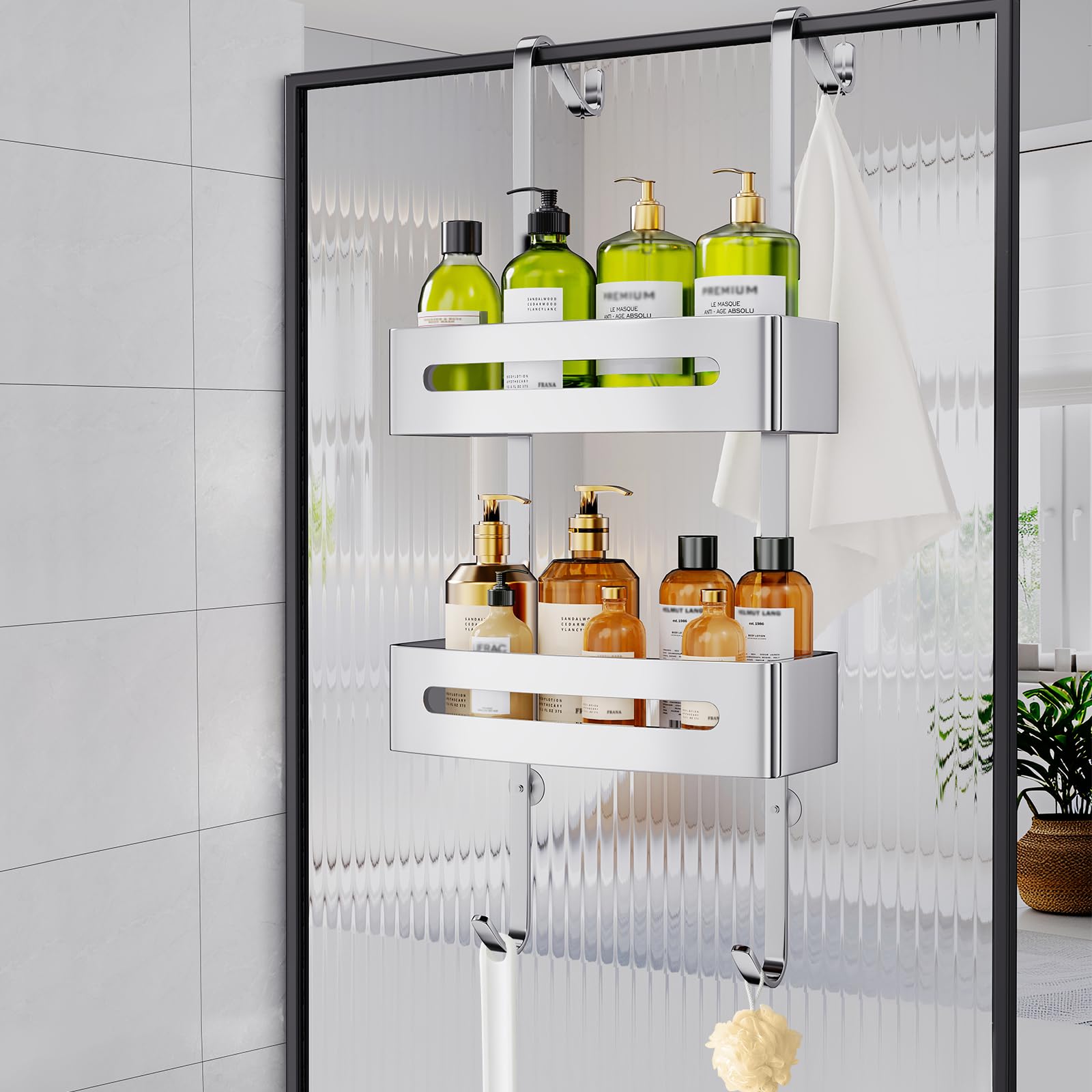 Ajex Shower Caddy Hanging,Over Door Shelf Storage with 2 Tier Rack Hanging, No Drilling Good Material Shower Shelf Bathroom Organizer,Storage Rack for Shampoo and Gel