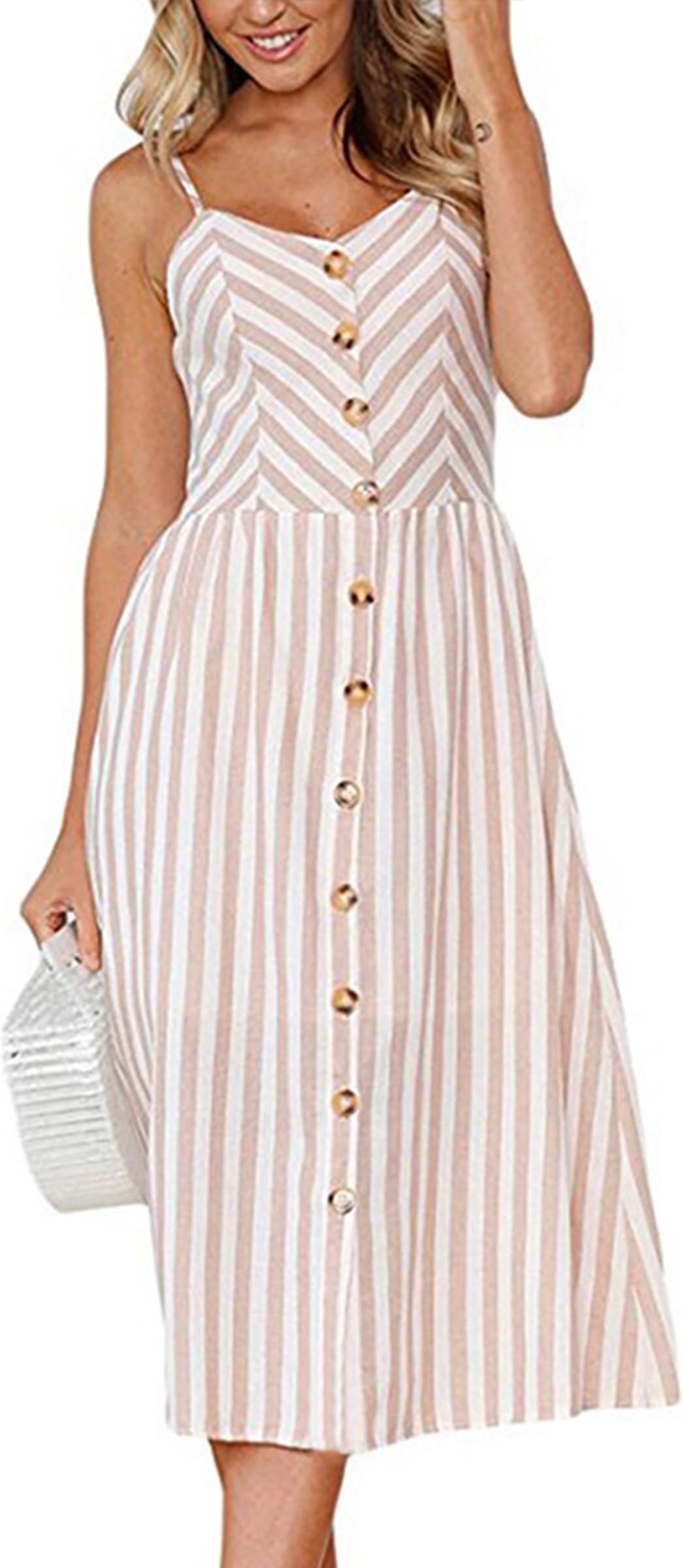 Women's Dresses-Summer Floral Bohemian Spaghetti Strap Button Down Swing Midi Dress