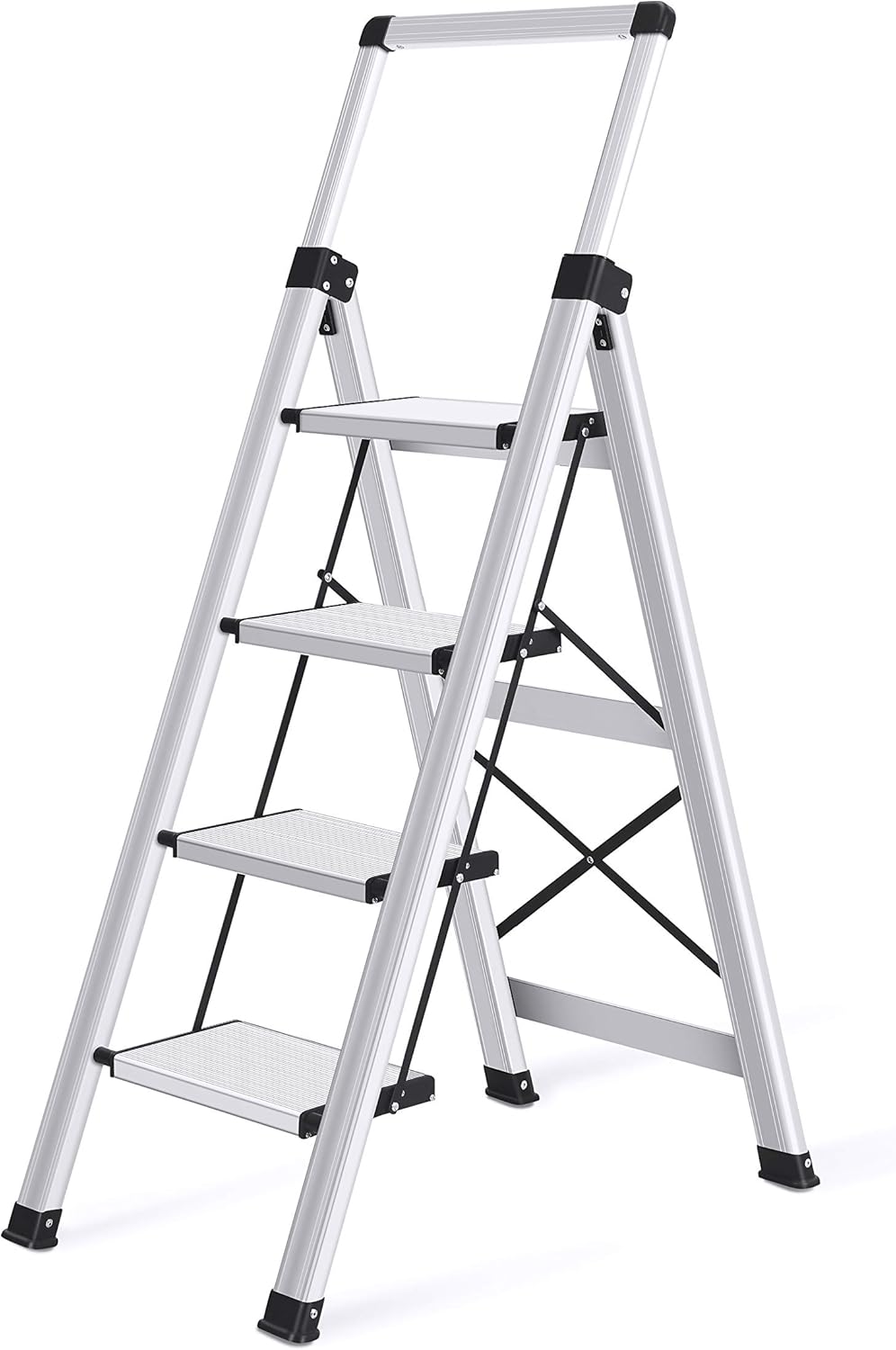 Xinsunho Retractable Handgrip 4 Step Ladder Safety Wide Pedal Step Stool Aluminum 300lbs Capacity Slim Design Ladder - - 