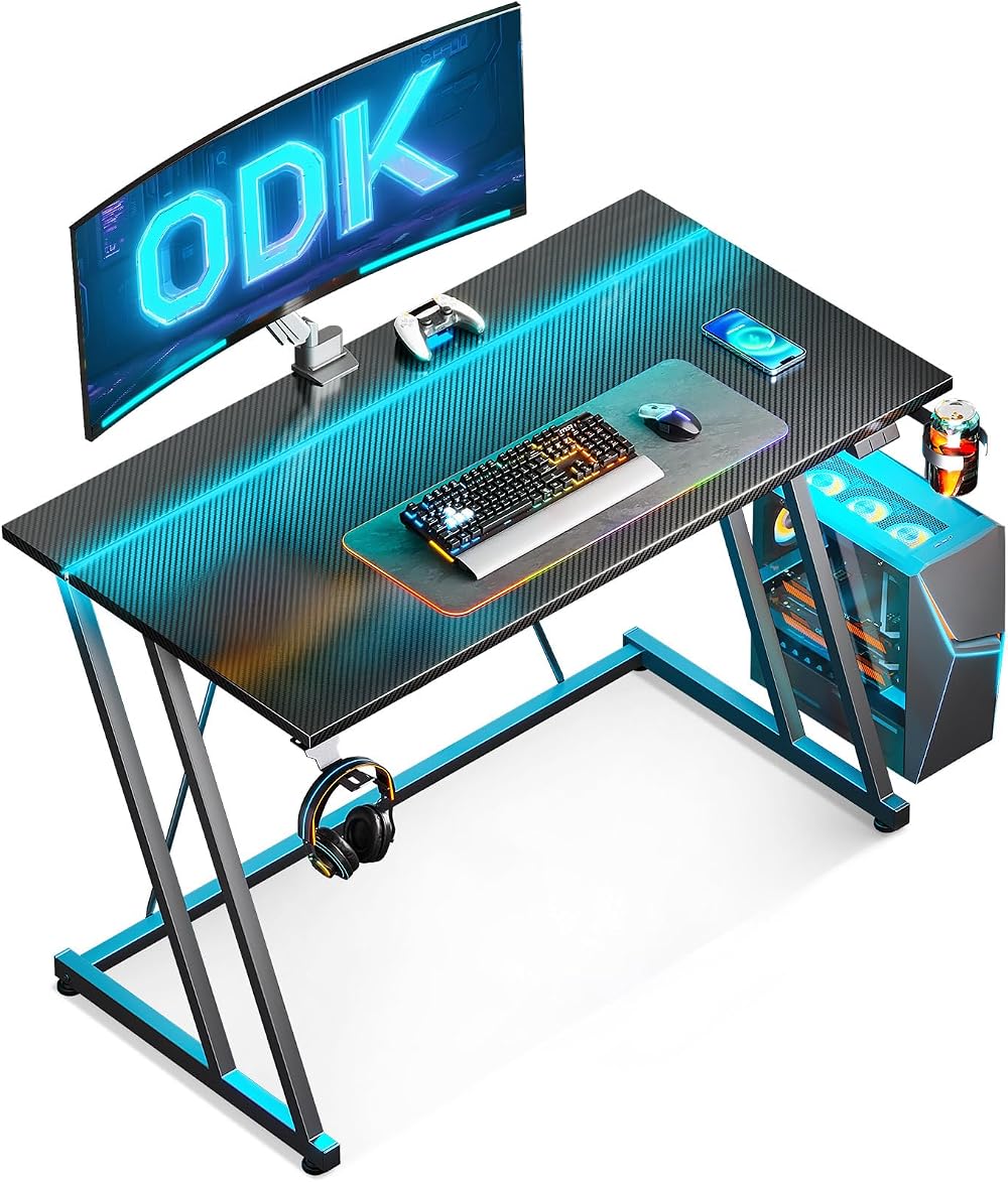 ODK Gaming Desk with LED Lights Carbon Fiber Black 100 cm