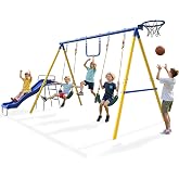 SMkidsport 5-in-1 Swing Set for Backyard, Metal Slide &amp; Basketball Hoop | A-Frame Steel, 2 Swings &amp; Trapeze Bar, Slide, Ages 3-12, Powder-Coated, Heavy Duty Outdoor Playground