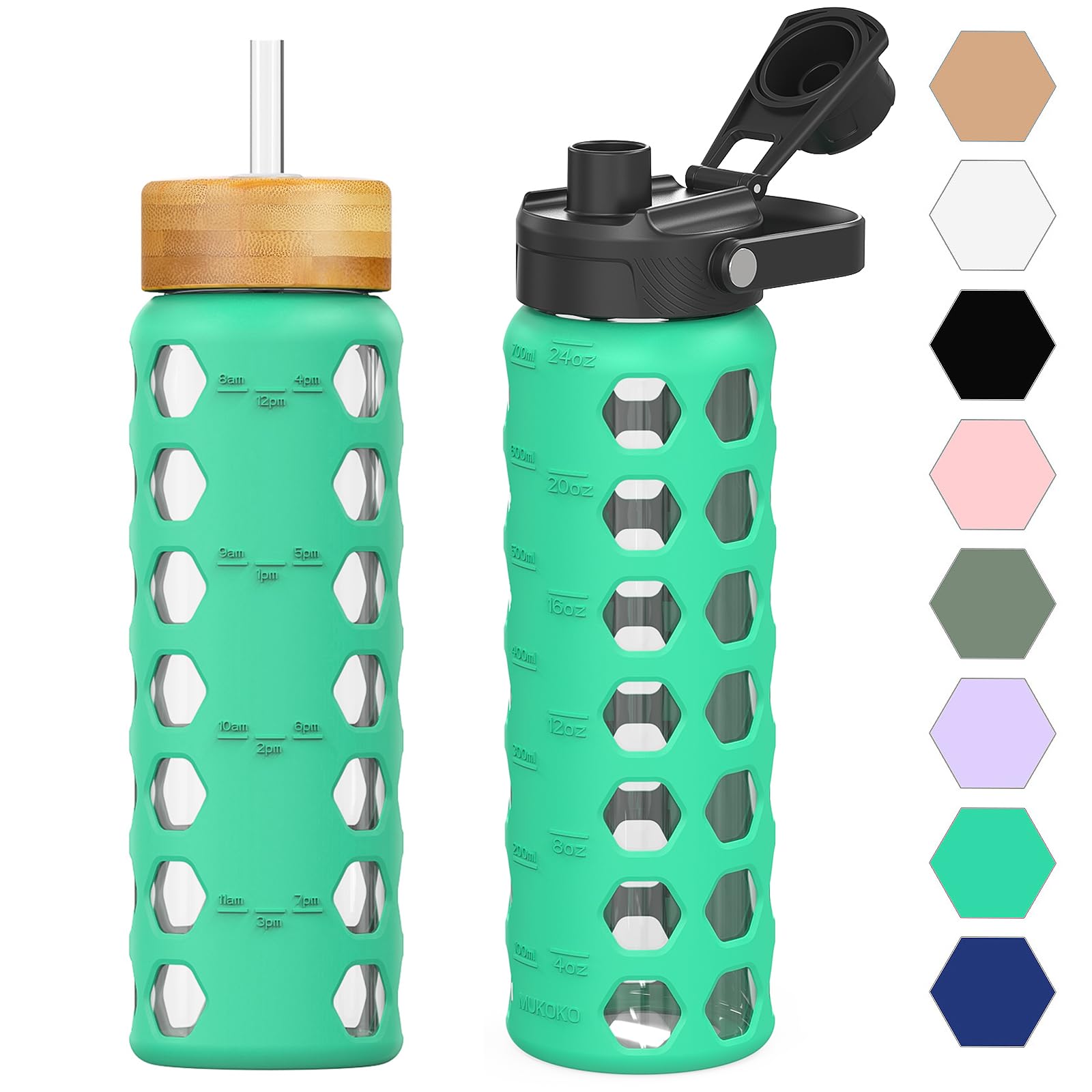 HYDRAGLAZIC 700ML Glass Water Bottle with 2 Flip and Bamboo Straw Lids Sports Water Tumbler with Time Reminder and Silicone Sleeve Leak-proof BPA Free, Green