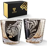 TAVRONI Edo Style Kiriko Crystal Whiskey Glasses Set of 2 – 11 oz Handmade Japanese Cut Glass with Tiger Motif – Crystal Bourbon Scotch Cocktail Glasses for Men and Women – Gift Boxed Whiskey Gift Set