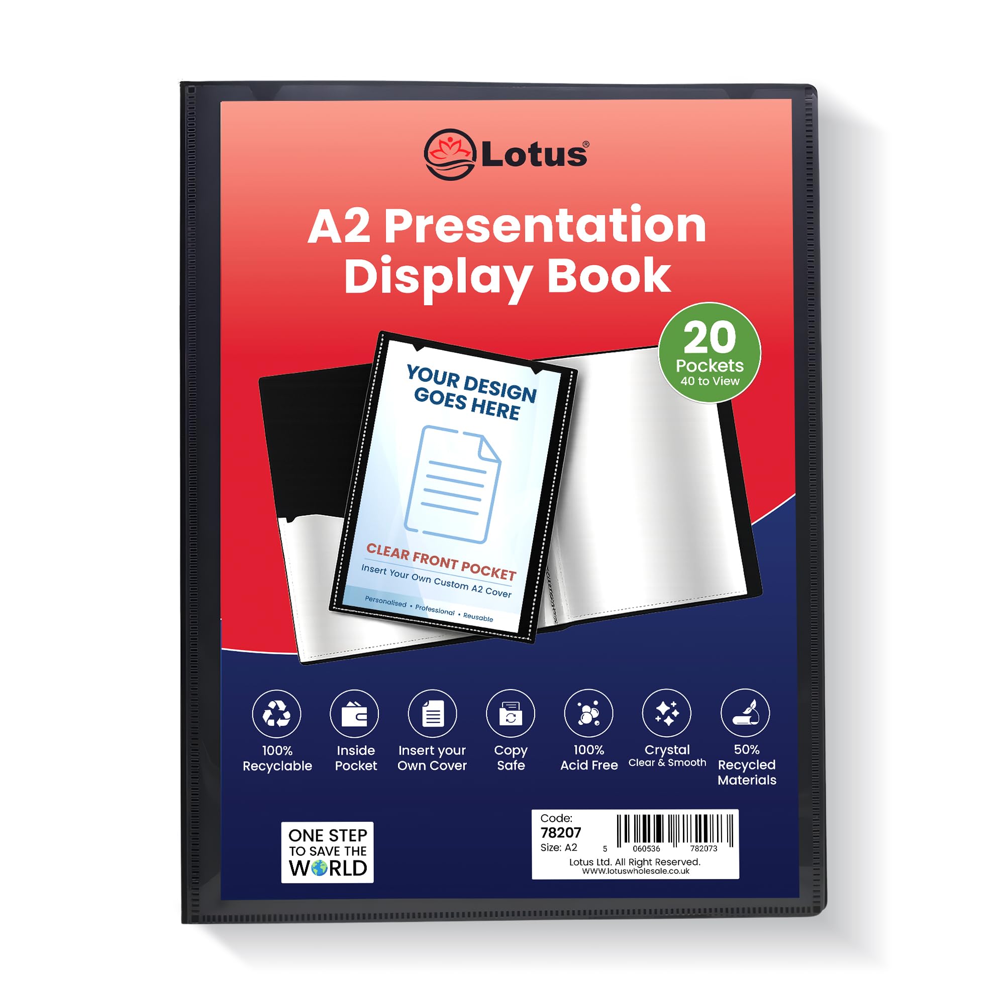 Lotus A2 Display Book - Elegant Black 20-Pocket Presentation Folder Ideal for Professionals, Business Meetings, Students, Projects, School Supplies, Colleges, and Home Organization-78207(20-Pocket)