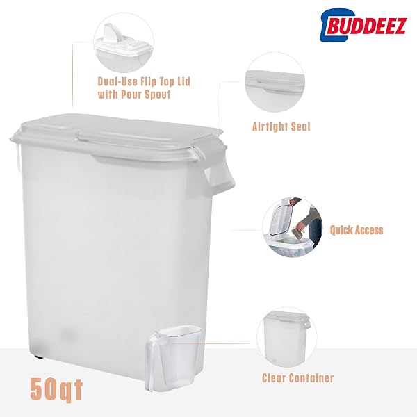 BUDDEEZ AIRTIGHT PET FOOD STORAGE CONTAINER – 50 QT/50 LB CAPACITY DOG FOOD STORAGE CONTAINER, CAT FOOD CONTAINER, BIRD SEED STORAGE CONTAINER, ROLLING STORAGE BIN, AIR TIGHT WITH HANDLE & SCOOP