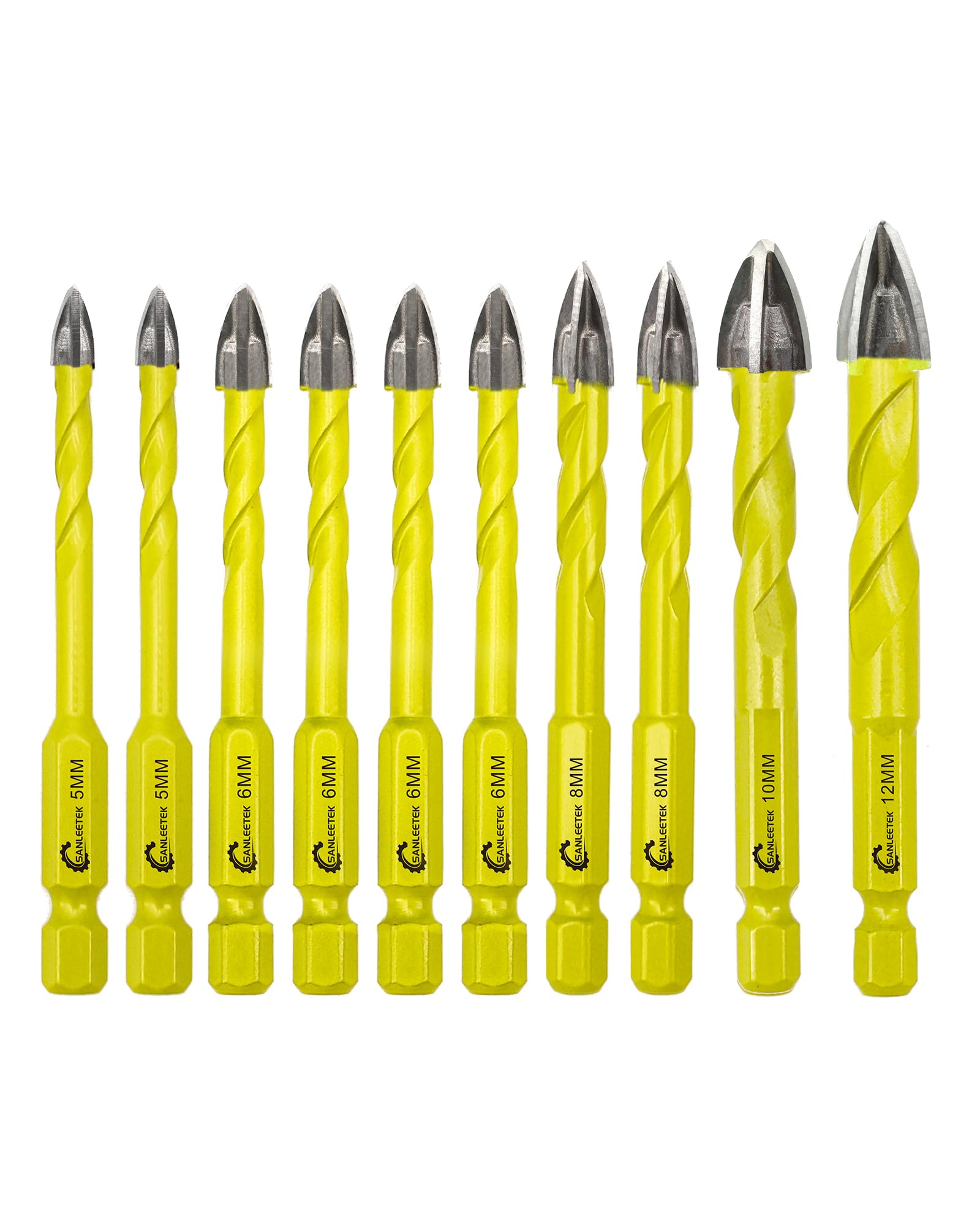 SANLEETEK Masonry Carbide Drill Bits Set - 10pcs 5MM*2+6MM*4+8MM*2+10MM+12MM Tungsten Carbide Tip with Quick Change Hex Shank for Wood Plastic Masonry Ceramic Tile Concrete