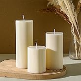 Conelist Ribbed Pillar Candles Set of 3, Width 3" High 4" 6" 8" Large Soy Wax Orchids Scented Pillar Candles Aesthetic Ribbed Modern Home Decor for Bathroom Living Room(Cream)