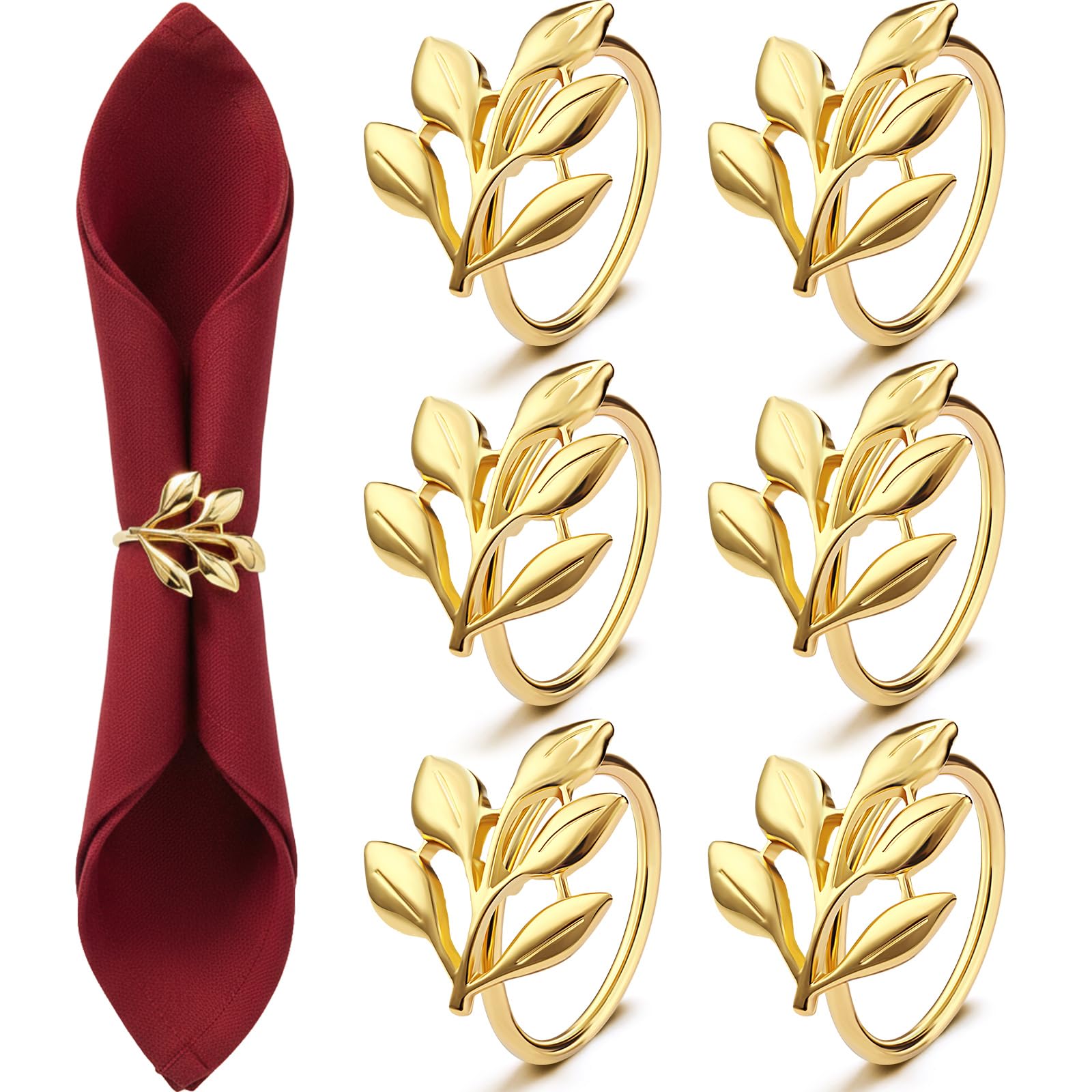 WILLBOND 6 Pieces Leaf Napkin Rings Holders for Wedding, Birthday Dinner Party, Family Gatherings, Table Decorations Christmas Thanksgiving Parties (Gold, 6 Pieces)