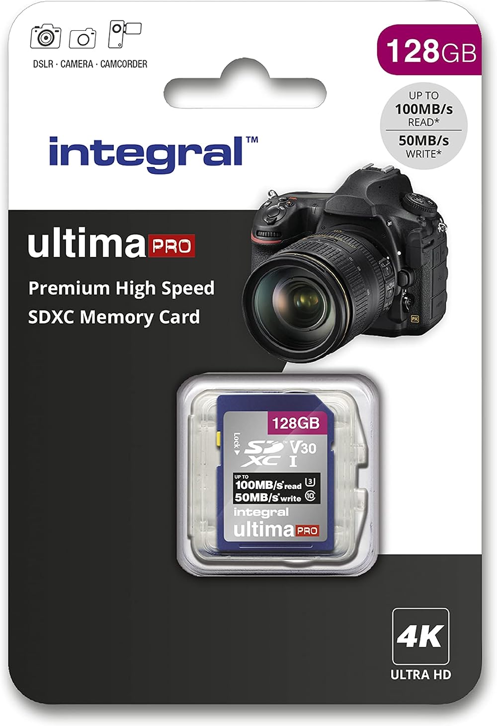Integral 128GB SD Card U3 V30 UHS-I 100MB/s SDXC Premium High Speed