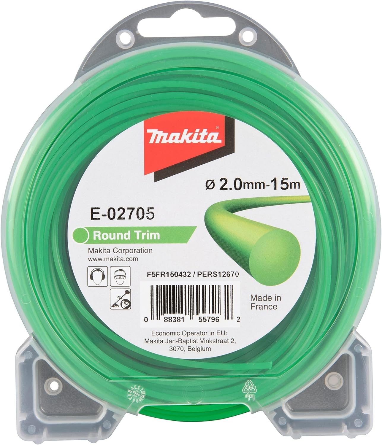 Makita E-02705 Mowing Line Round 2.0 mm x 15 m Round Trim Trimmer Line, Nylon, Green, for Strimmer and Brush Cutters