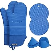 Rorecay 6pcs Oven Mitts and Pot Holders Sets for Kitchen, Extra Long Non-Slip Silicone Oven Gloves Heat Resistant 500 Degrees Potholders Hot Pads for Baking Cooking, Quilted Liner, Lake Blue