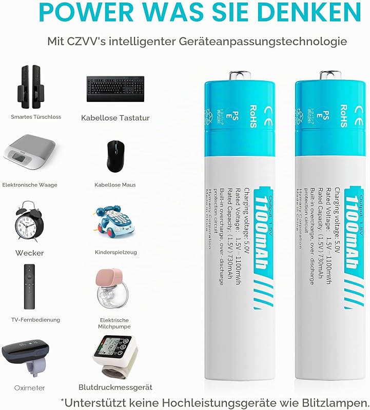 Wiederaufladbare AAA Lithium-Batterien 1,5V - Hohe Kapazität 1100mWh 8 Pack Lithium-Akkus mit LCD Ultra Schnell-Ladegerät 2H - Lange Lebensdauer 10 Jahre, 1300 Zyklen für Spielzeug, Rasierer, — Foto 5 von 7