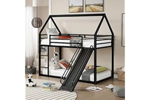 UOCFYK Twin Over Twin Bunk Bed with Slide for Kids, Metal Bunk Bed Frame with Roof Design and Full-Length Guardrail, Ladder, House Bed for Boys and Girls, No Box Spring Needed, Black